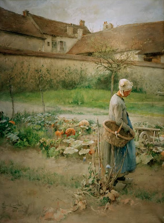 Carl Larsson Oktober Kunstkopie, Bäuerin mit Korb erntet Kürbisse vor Bauernhäusern im Herbstgarten
