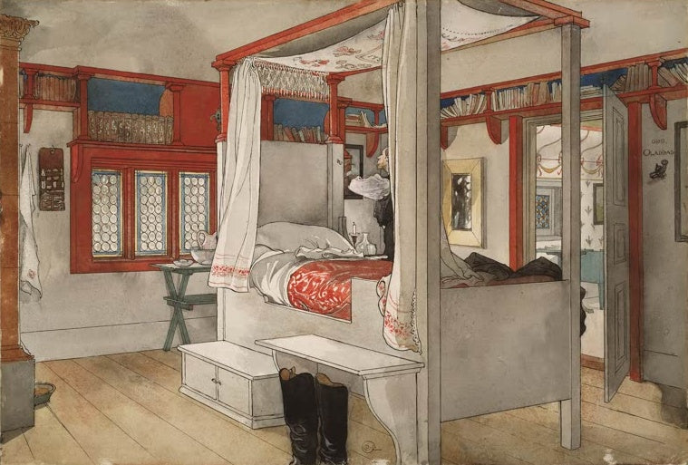 Carl Larsson Papas Zimmer Kunstkopie, rotes Himmelbett mit Spiegel und Stiefeln im Schlafzimmer aus Ett hem