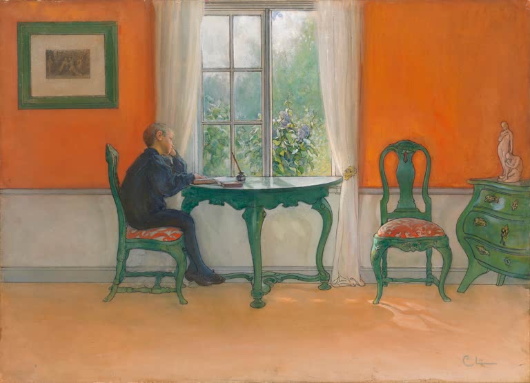 Frau schreibt am grünen Tisch vor Fenster mit Vorhängen, orangefarbene Wände – Carl Larsson Pflichtlektüre Kunstkopie