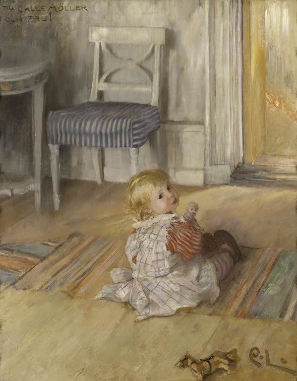 Kleinkind mit Puppe sitzt auf Teppich vor weißem Stuhl – Carl Larsson Pontus Larsson Kunstkopie