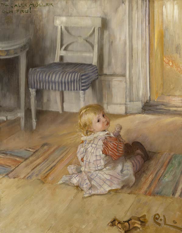Kleinkind in kariertem Kleid sitzt auf dem Dielenboden im hellen Zimmer – Carl Larsson Pontus Kunstkopie