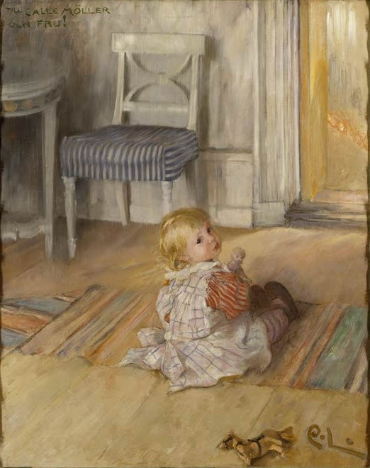 Blondes Kleinkind sitzt auf einem Flickenteppich neben einem gestreiften Stuhl – Carl Larsson Pontus Kunstkopie