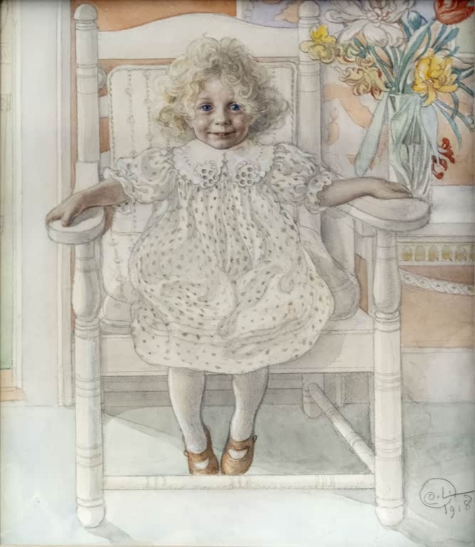 Lockiges Mädchen in gepunktetem Kleid sitzt im weißen Schaukelstuhl – Carl Larsson Porträt der Inga-Maria Thiel Kunstkopie