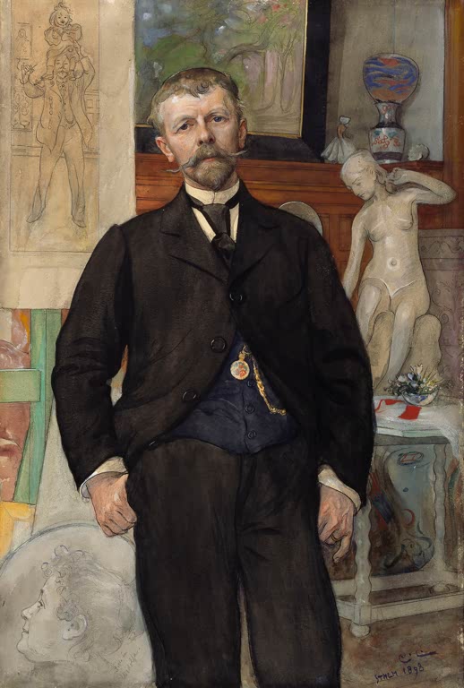 Herr im dunklen Anzug im Atelier vor Skulptur und Skizzen – Carl Larsson Porträt des Architekten Jac. Ahrenberg Kunstkopie