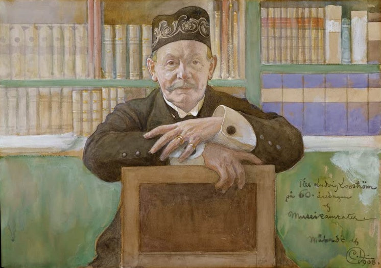 Carl Larsson Carl Looström Kunstkopie, Museumsdirektor mit Fez-Mütze vor Bücherregalen im Aquarellporträt