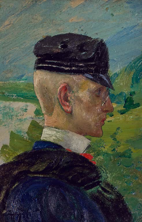 Knabe mit Mütze im Profil vor grünen Hügeln – Carl Larsson Porträt eines Knaben Studie für Morgengebete Kunstkopie