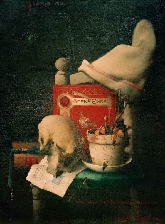 Carl Larsson Resignation ist die letzte Religion Kunstkopie, Totenkopf neben welken Blumen und rotem Kästchen