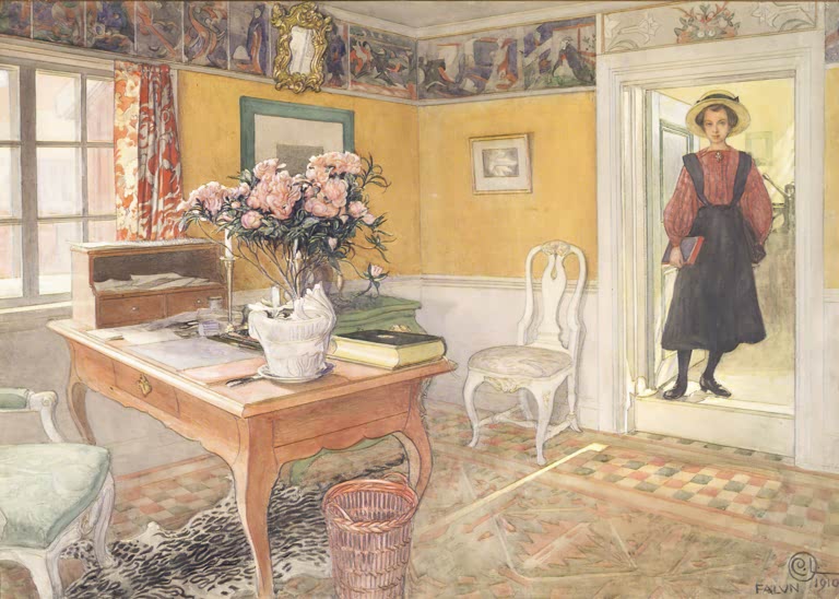 Mädchen in der Tür eines gelben Zimmers mit Pfingstrosen – Carl Larsson Schulmädchen in einem Interieur Kunstkopie