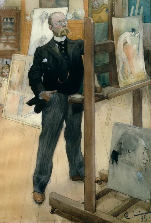 Carl Larsson Selbstporträt im Atelier Kunstkopie, Künstler im dunklen Anzug mit Zwicker vor eigenen Gemälden