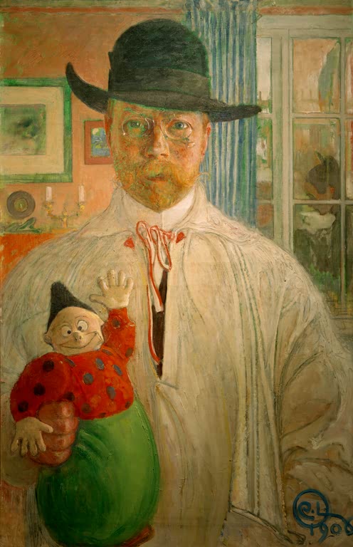 Selbstbildnis mit Hut und Brille, in der Hand eine Clownsfigur – Carl Larsson Selbstuntersuchung Kunstkopie