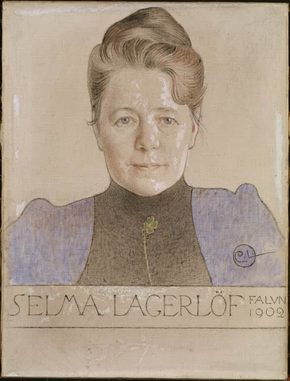 Brustbild einer Frau mit hochgesteckten Haaren und Kleeblatt-Anstecknadel – Carl Larsson Selma Lagerlöf Kunstkopie