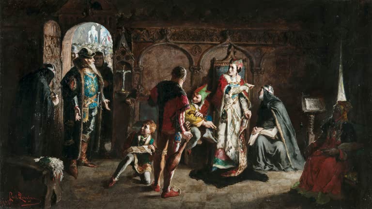 Königin auf dem Thron im gotischen Saal, umgeben von Rittern und Gefolge – Carl Larsson Sten Sture der Ältere Kunstkopie