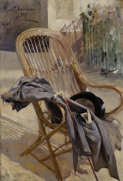 Korbstuhl mit achtlos abgelegtem Mantel, Zylinder und Stock im Licht – Carl Larsson Studie für moderne Kunst Kunstkopie