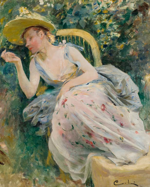 Junge Frau mit Strohhut lehnt in einem Gartenstuhl im Blumengarten – Carl Larsson Studie für Rokoko Kunstkopie