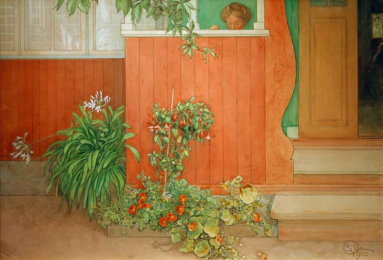 Orangerote Holzwand mit Blumenkasten und Mädchen im Fenster – Carl Larsson Suzanne auf der Veranda Kunstkopie