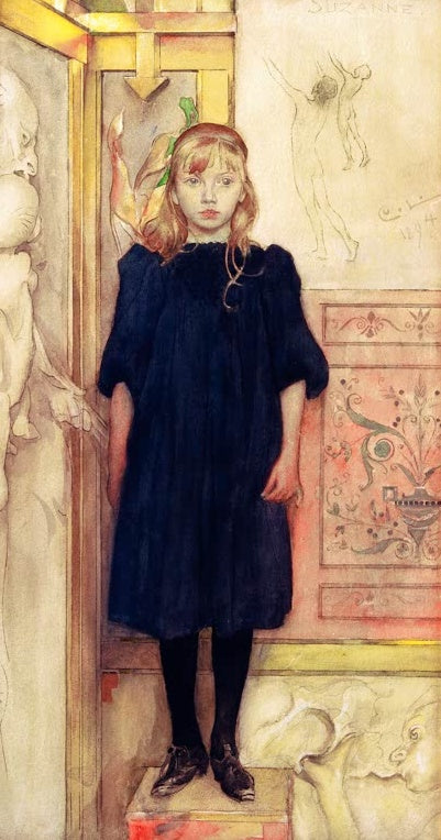 Carl Larsson Suzanne Kunstkopie, Mädchen im dunkelblauen Kleid steht vor dekorativer Jugendstilwand