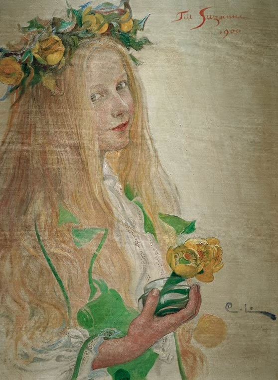 Carl Larsson Suzanne Kunstkopie, Mädchen mit gelbem Blütenkranz im Haar und Blüte in der Hand