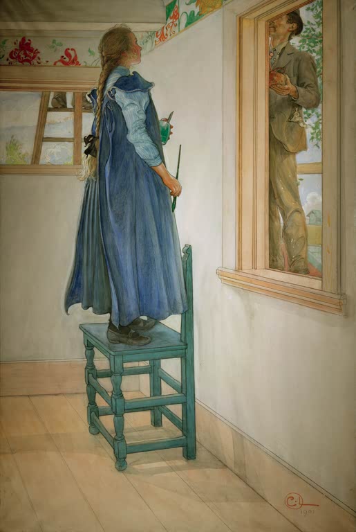 Mädchen in blauem Umhang auf Stuhl am Fenster – Carl Larsson Suzanne und noch Jemand Kunstkopie