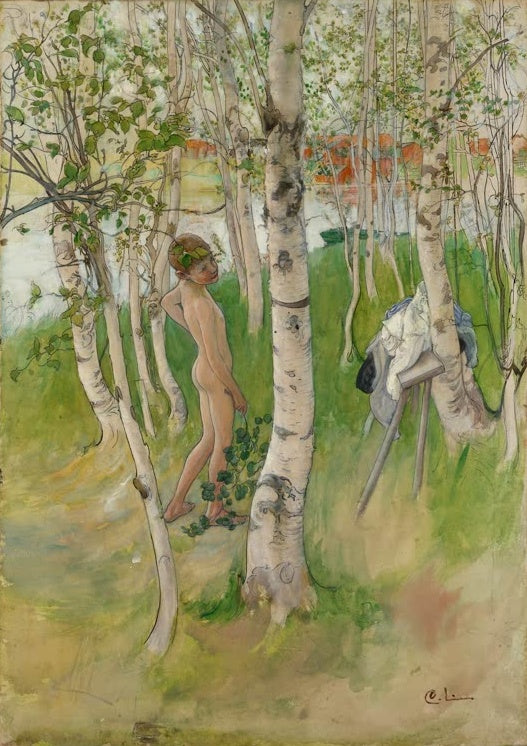 Carl Larsson Ulf zwischen Birken Kunstkopie, nackter Junge zwischen weißen Birkenstämmen am Wasser