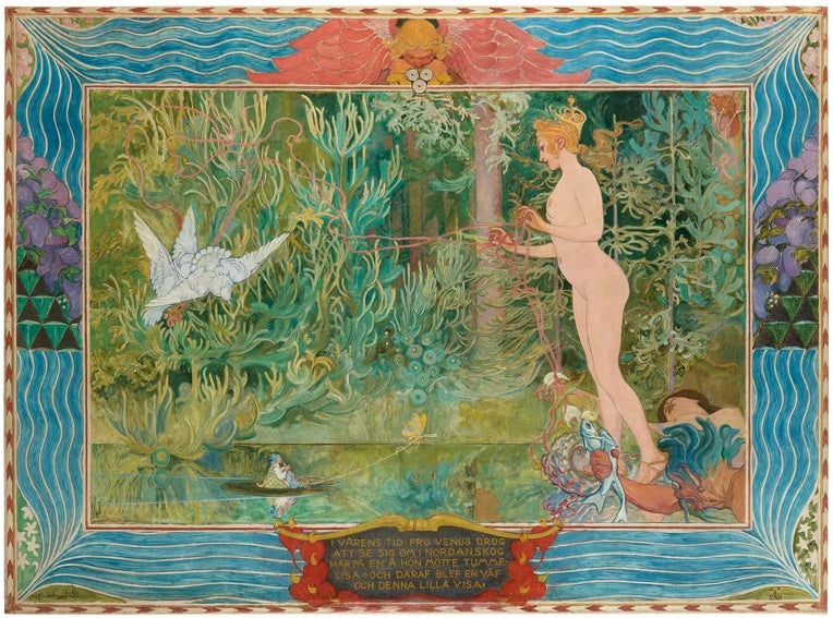 Carl Larsson Venus und Tummelisa Kunstkopie, nackte Venus im Wald mit weißer Taube und Bordüre aus Blüten