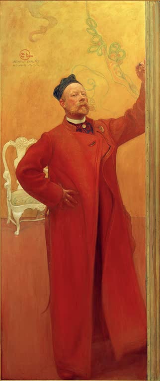Mann im roten Mantel vor goldgelber Wand – Carl Larsson Vor dem Spiegel, Selbstporträt Kunstkopie