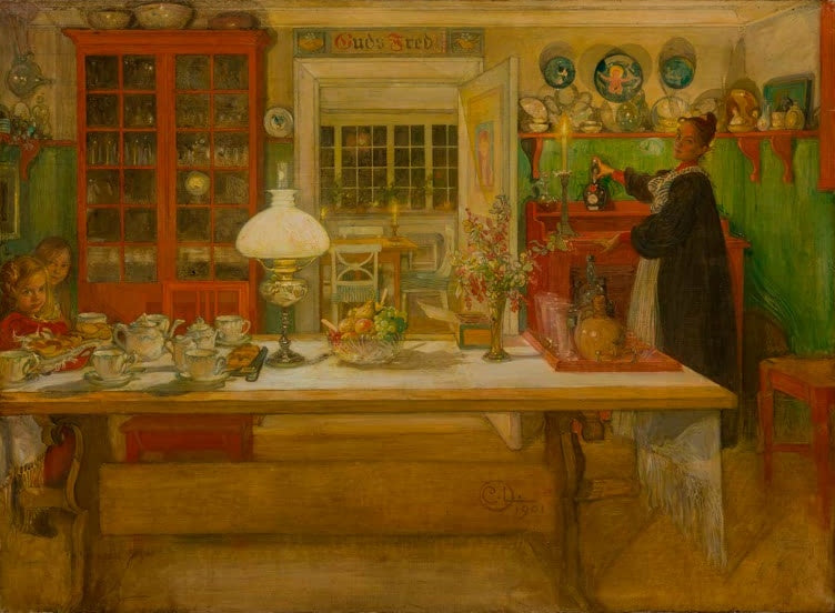 Gedeckter Tisch in roter Stube, dahinter eine Frau – Carl Larsson Vorbereitungen zu einem kleinen Spiel Kunstkopie