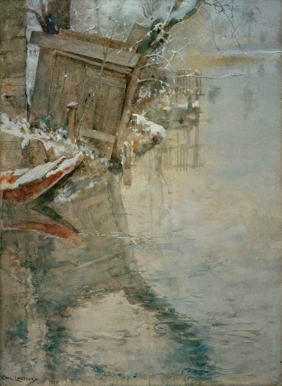 Verschneites Boot und Holzwand am spiegelnden Wasser – Carl Larsson Waschhaus an der Loing Kunstkopie