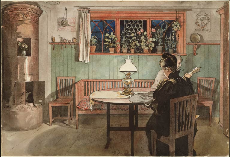 Frau liest am Tisch unter der Lampe, daneben Kachelofen – Carl Larsson Wenn die Kinder zu Bett gegangen sind Kunstkopie