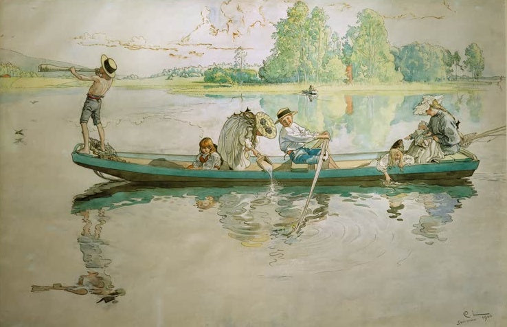 Kinder in einem Boot auf ruhigem See, ein Junge bläst ein Horn – Carl Larsson Wikingerzug in Dalarna Kunstkopie