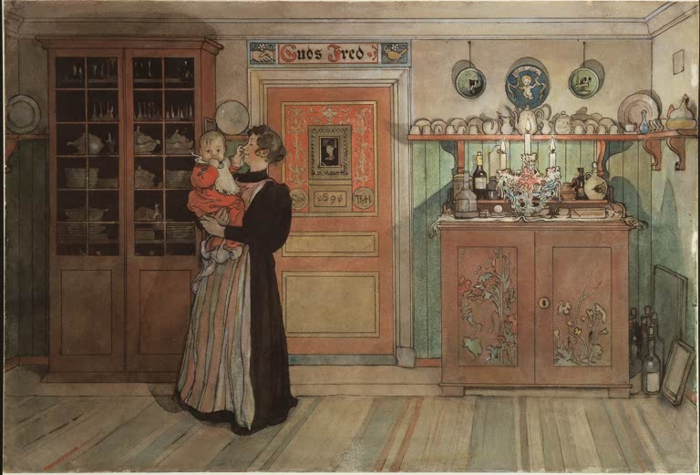 Frau mit Kleinkind im Esszimmer vor rotem Schrank – Carl Larsson Zwischen Weihnachten und Neujahr Kunstkopie