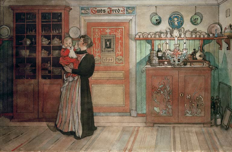 Frau mit Kleinkind im Arm im Esszimmer mit Kerzen – Carl Larsson Zwischen Weihnachten und Neujahr Kunstkopie