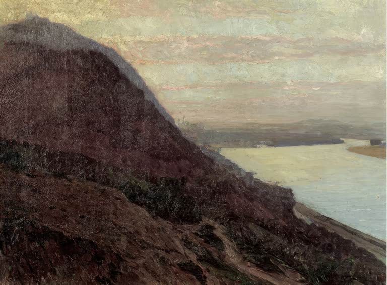 Dunkler, steil abfallender Uferhang über einem breiten, hell schimmernden Fluss – Carl Moll Donauansicht Kunstkopie