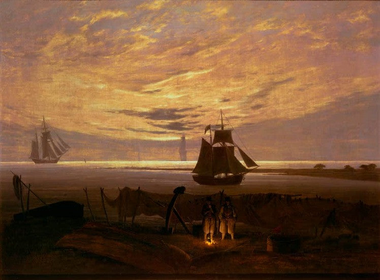 Segelschiffe am Ostseestrand, zwei Männer am Feuer im Abendhimmel – Caspar David Friedrich Abend am Ostseestrand Kunstkopie