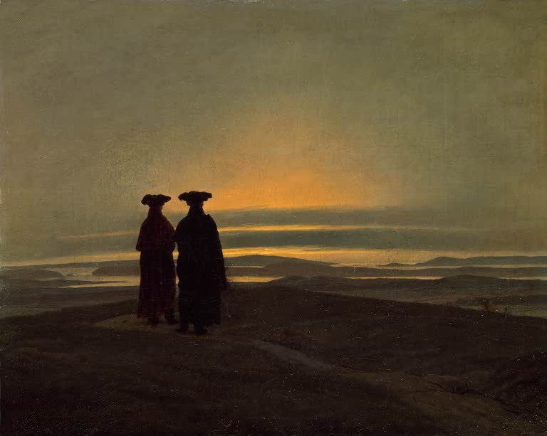 Zwei Männer in Mänteln vor dem Sonnenuntergang – Caspar David Friedrich Abendlandschaft mit zwei Männern Kunstkopie