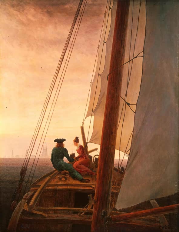 Paar sitzt auf dem Deck eines Segelschiffs im Licht der Abendsonne – Caspar David Friedrich Auf einem Segelschiff Kunstkopie