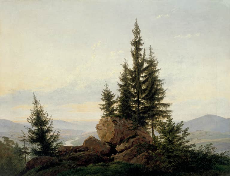 Hohe Fichten auf einem Felsen mit Blick in ein weites Flusstal – Caspar David Friedrich Ausblick ins Elbtal Kunstkopie