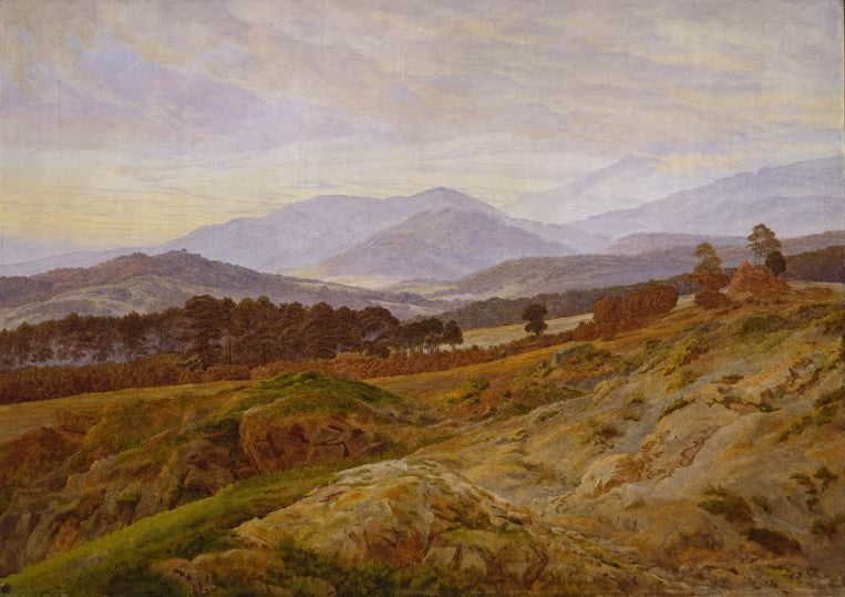 Hügelkette mit Felsen und Nadelwald unter Wolken – Caspar David Friedrich Berg im Riesengebirge Kunstkopie