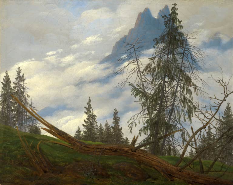 Zerzauste Tanne, umgestürzter Stamm, Felsgipfel in Wolken – Caspar David Friedrich Bergspitze mit ziehenden Wolken Kunstkopie
