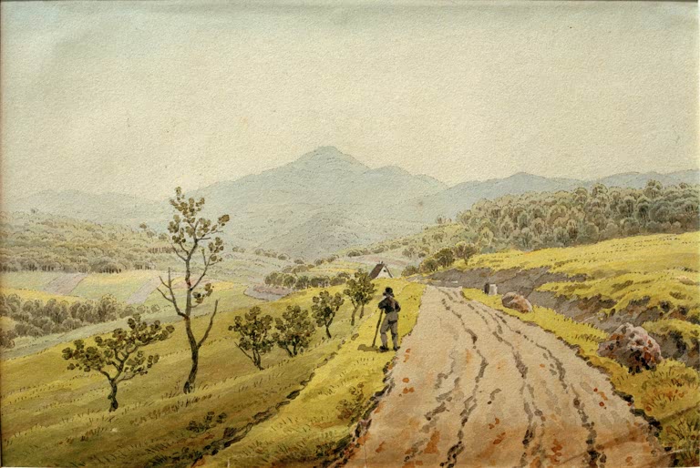 Weg mit Wanderer durch grüne Hügel zu einem fernen Berg – Caspar David Friedrich Blick auf den Kletschen Kunstkopie