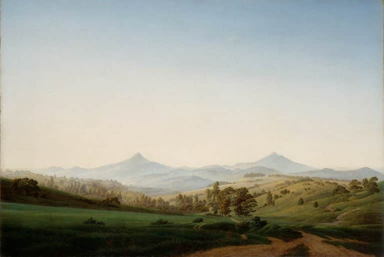 Weite Hügellandschaft mit Weg und zwei Bergkegeln – Caspar David Friedrich Böhmische Landschaft Kunstkopie
