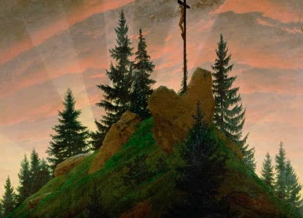 Kreuz auf bewaldetem Hügel mit Tannen vor rosa Abendwolken – Caspar David Friedrich Das Kreuz im Gebirge Kunstkopie