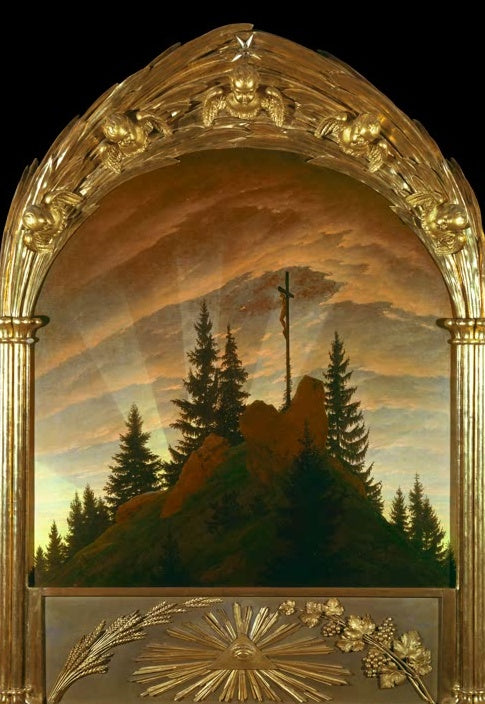 Goldener Rahmen, Kreuz auf Tannenhügel – Caspar David Friedrich Das Kreuz im Gebirge Kunstkopie