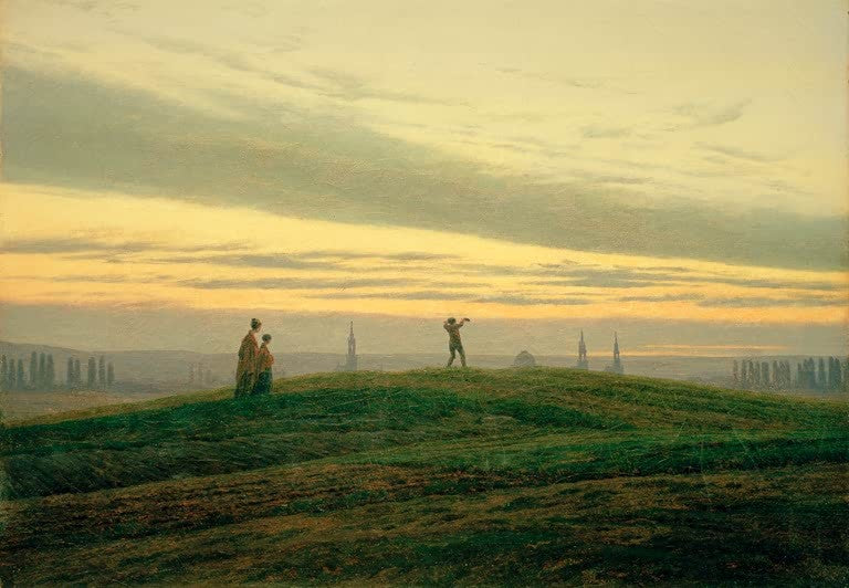 Zwei Frauen und ein Mann auf grünem Hügel unter gelbem Abendhimmel – Caspar David Friedrich Der Abendstern Kunstkopie