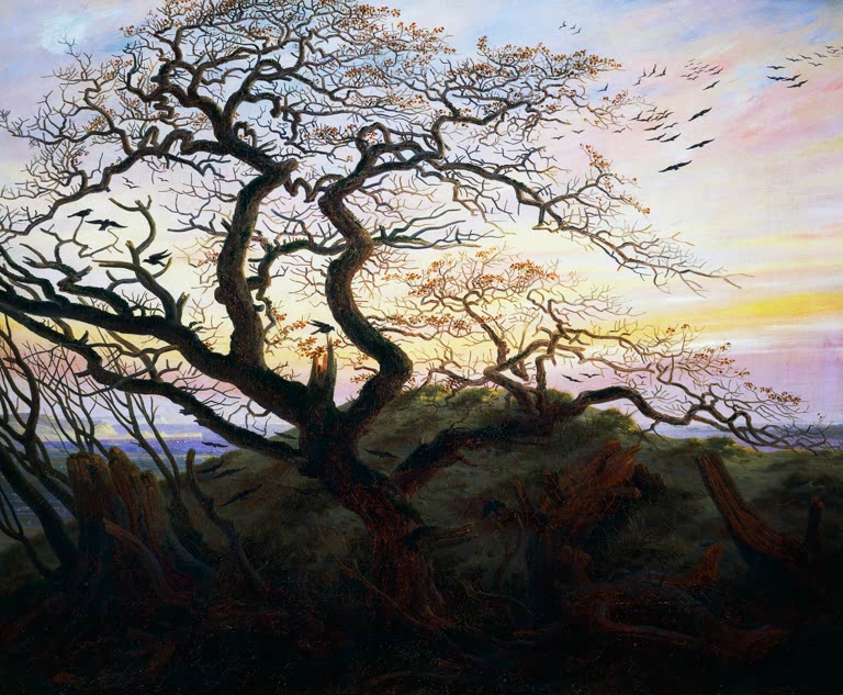 Kahler knorriger Baum mit Krähenschwarm vor buntem Abendhimmel – Caspar David Friedrich Der Baum der Krähen Kunstkopie