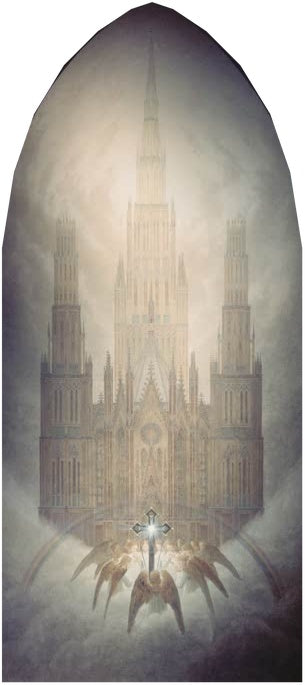 Gotische Kathedrale aus Licht mit Kreuz und Engeln im spitzbogigen Rahmen – Caspar David Friedrich Die Kathedrale Kunstkopie