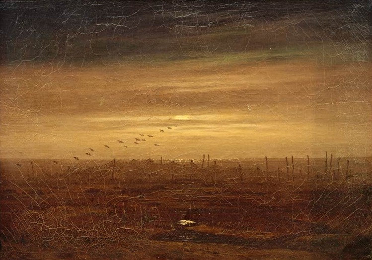 Zugvögel über einer weiten, dunklen Küstenlandschaft mit Pfählen – Caspar David Friedrich Die Netze Kunstkopie