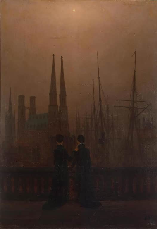 Zwei Frauen auf dem Balkon vor Türmen und Masten – Caspar David Friedrich Die Schwestern auf dem Balkon Kunstkopie