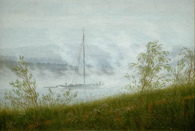 Segelboot im Frühnebel auf der Elbe, davor Wiese mit Sträuchern – Caspar David Friedrich Elbschiff im Frühnebel Kunstkopie