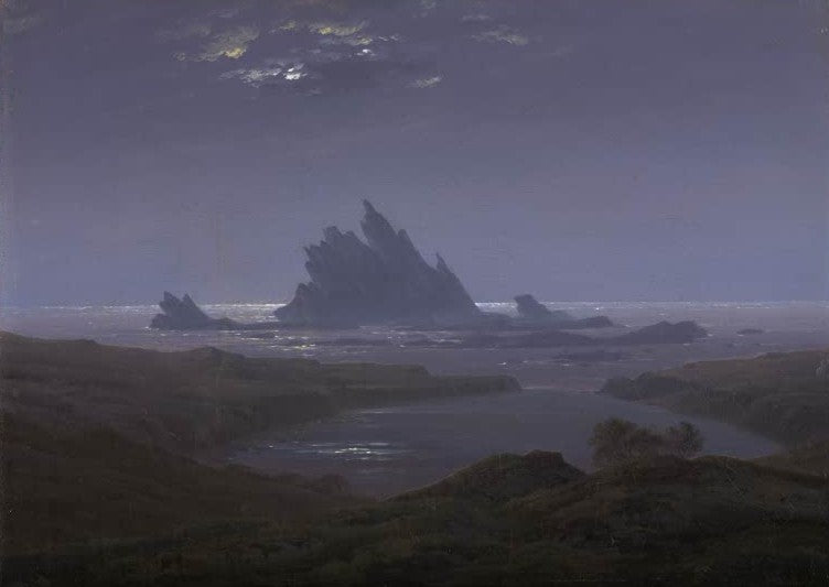 Zackige Felsen im Meer, blaue Nacht – Caspar David Friedrich Felsenriff am Meeresstrand Kunstkopie
