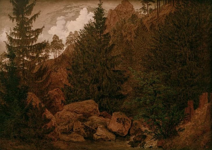 Fichten und rotbraune Felsblöcke in einer Harzer Berglandschaft – Caspar David Friedrich Felspartie im Harz Kunstkopie